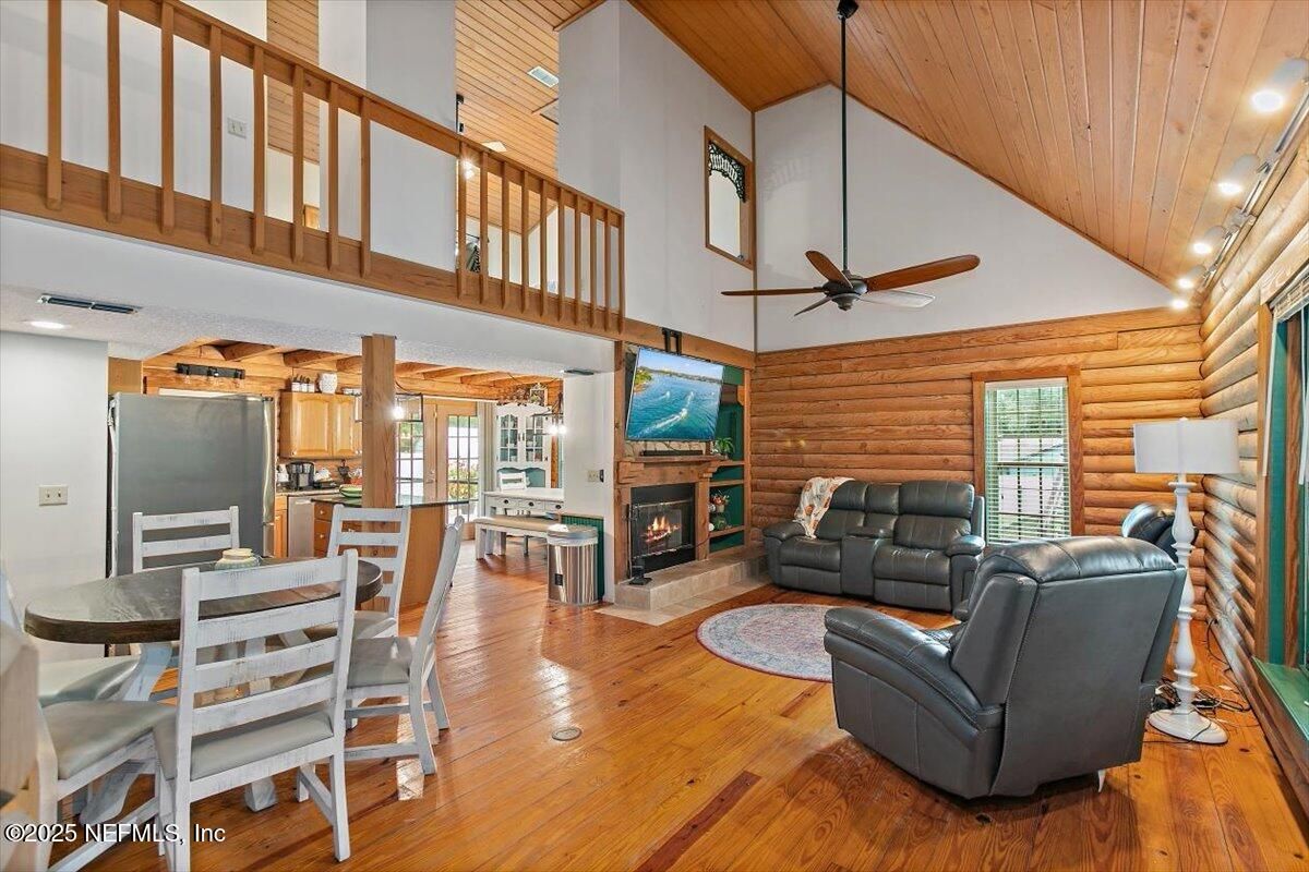 Dining room, Fireplace, Interior, Kitchen, Living room, Wooden Ceilings, Wood Texture Flooring, Wooden Walls