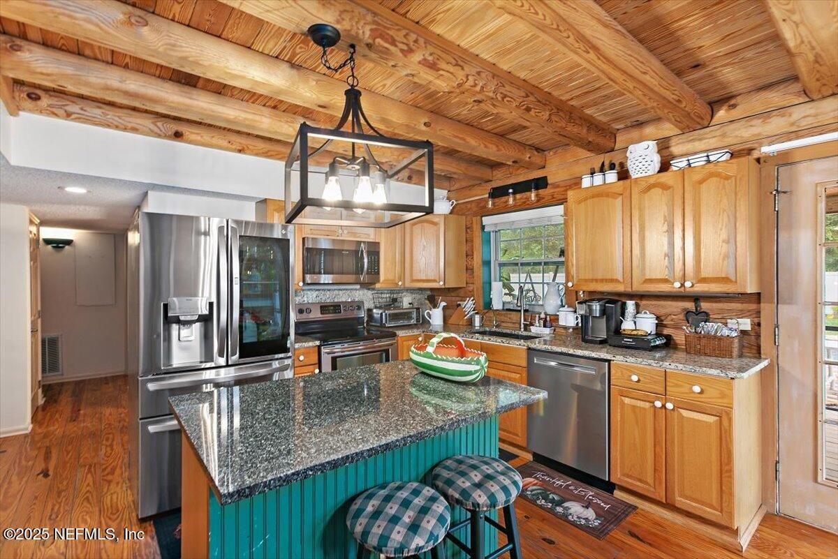 Interior, Kitchen, Pendant Lights, Stainless Steel Appliances, Wooden Beams, Wooden Ceilings, Wood Texture Flooring