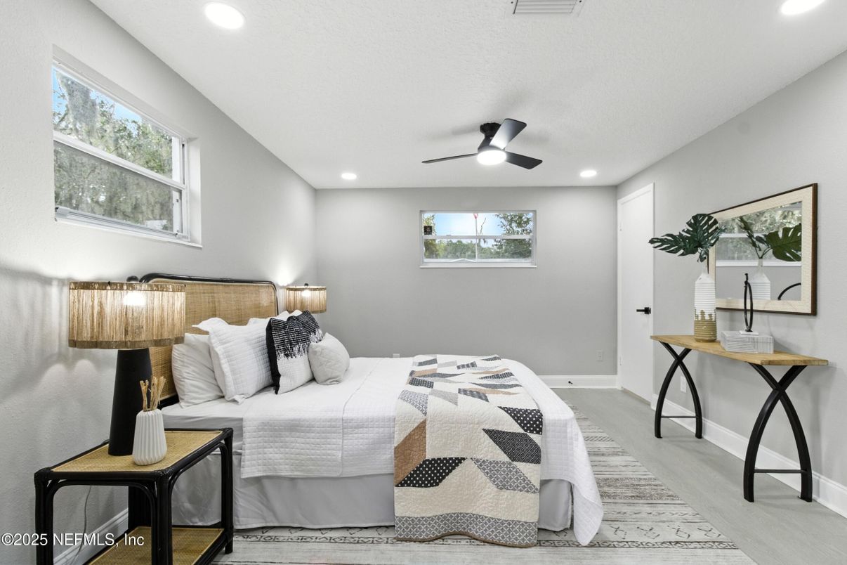 Bedroom, Interior, Recessed Lighting, Wood Texture Flooring