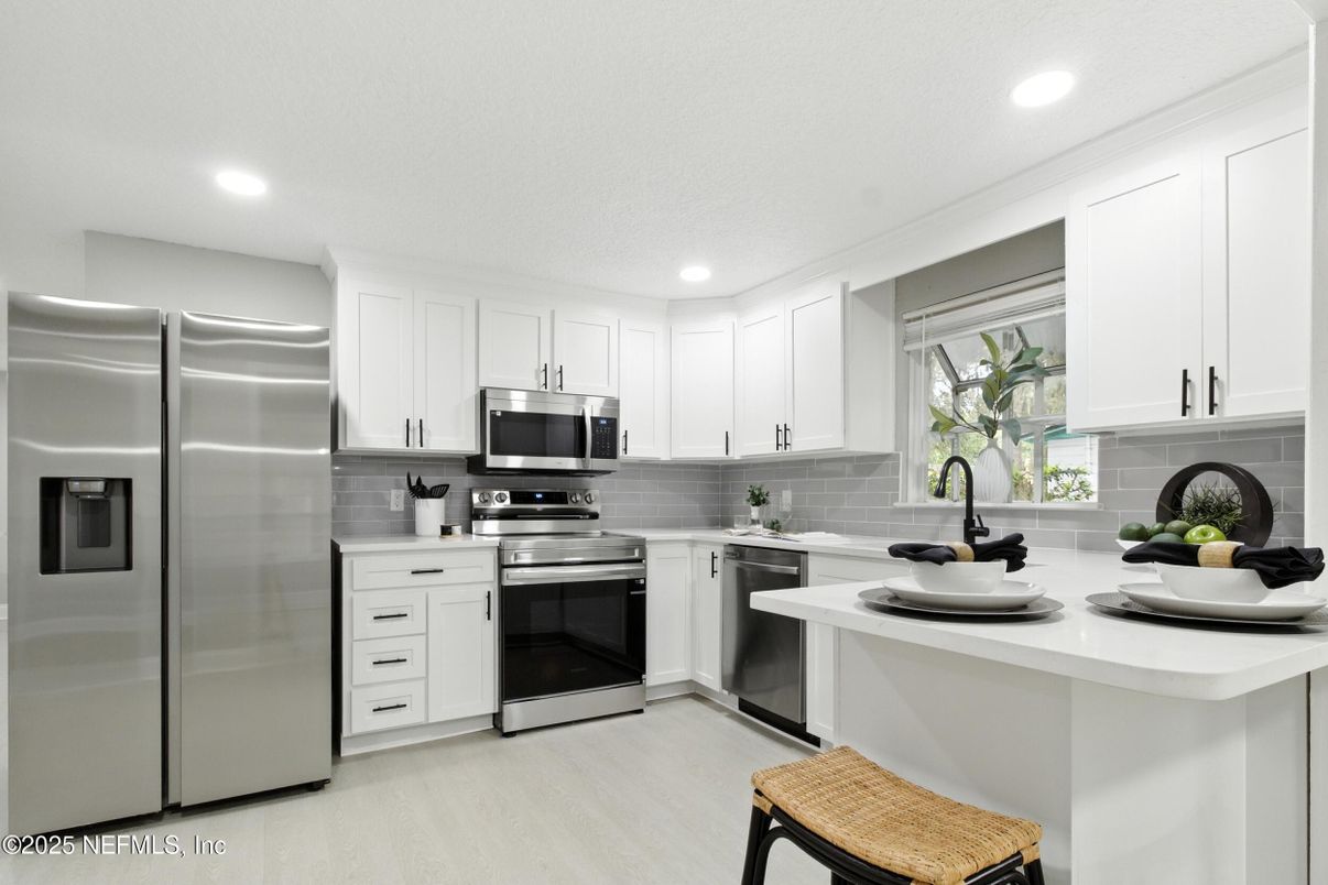 Interior, Kitchen, Recessed Lighting, Stainless Steel Appliances, Wood Texture Flooring
