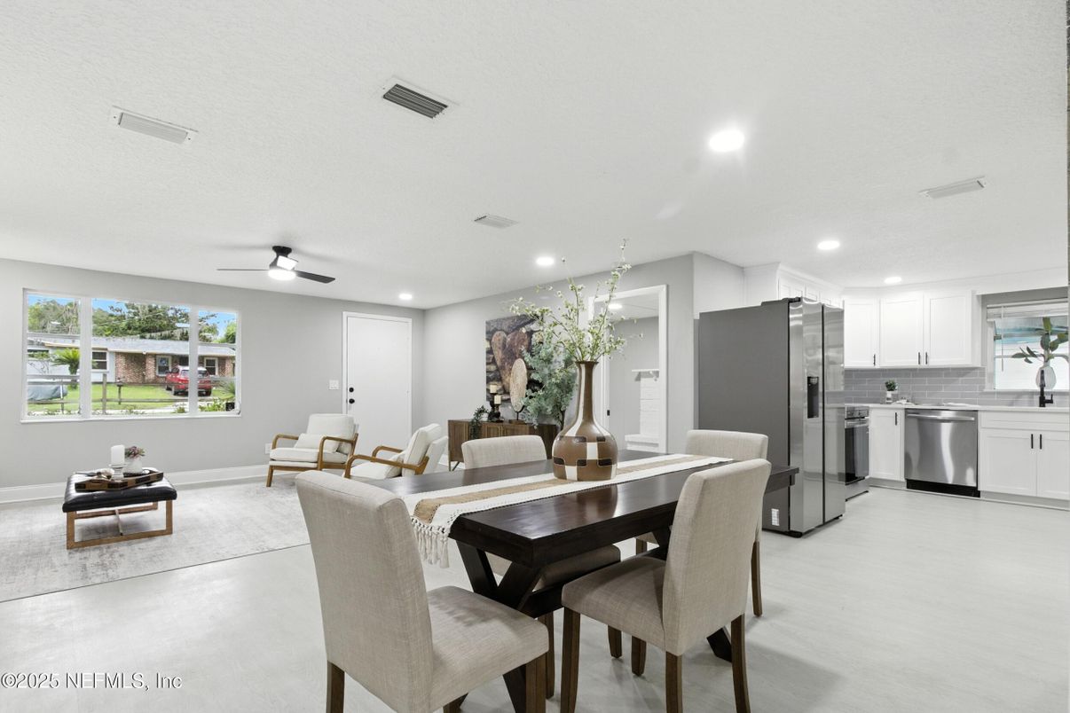 Dining room, Interior, Kitchen, Living room, Recessed Lighting, Stainless Steel Appliances
