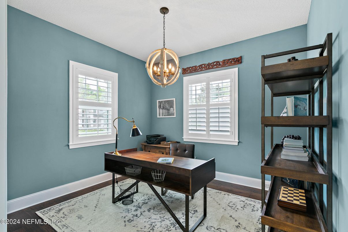 Chandelier, Home Office, Interior, Pendant Lights, Wood Texture Flooring