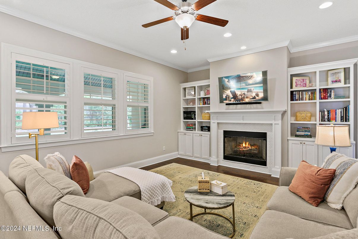 Fireplace, Interior, Living room, Recessed Lighting, Wood Texture Flooring