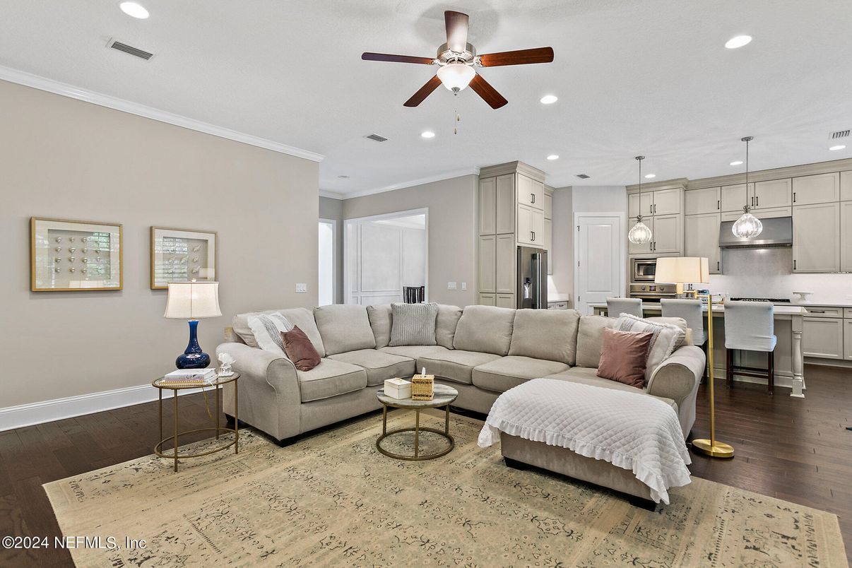 Interior, Kitchen, Living room, Pendant Lights, Recessed Lighting, Stainless Steel Appliances, Wood Texture Flooring