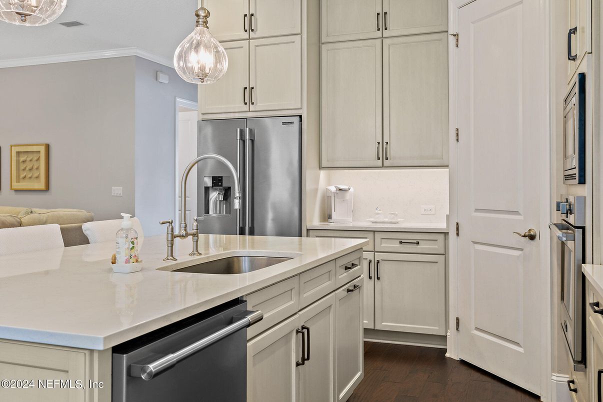 Interior, Kitchen, Pendant Lights, Stainless Steel Appliances, Wood Texture Flooring