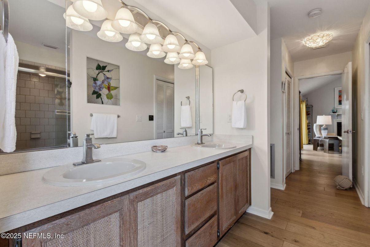 Bathroom, Dual Sink Vanities, Glass Shower, Interior, Wood Texture Flooring