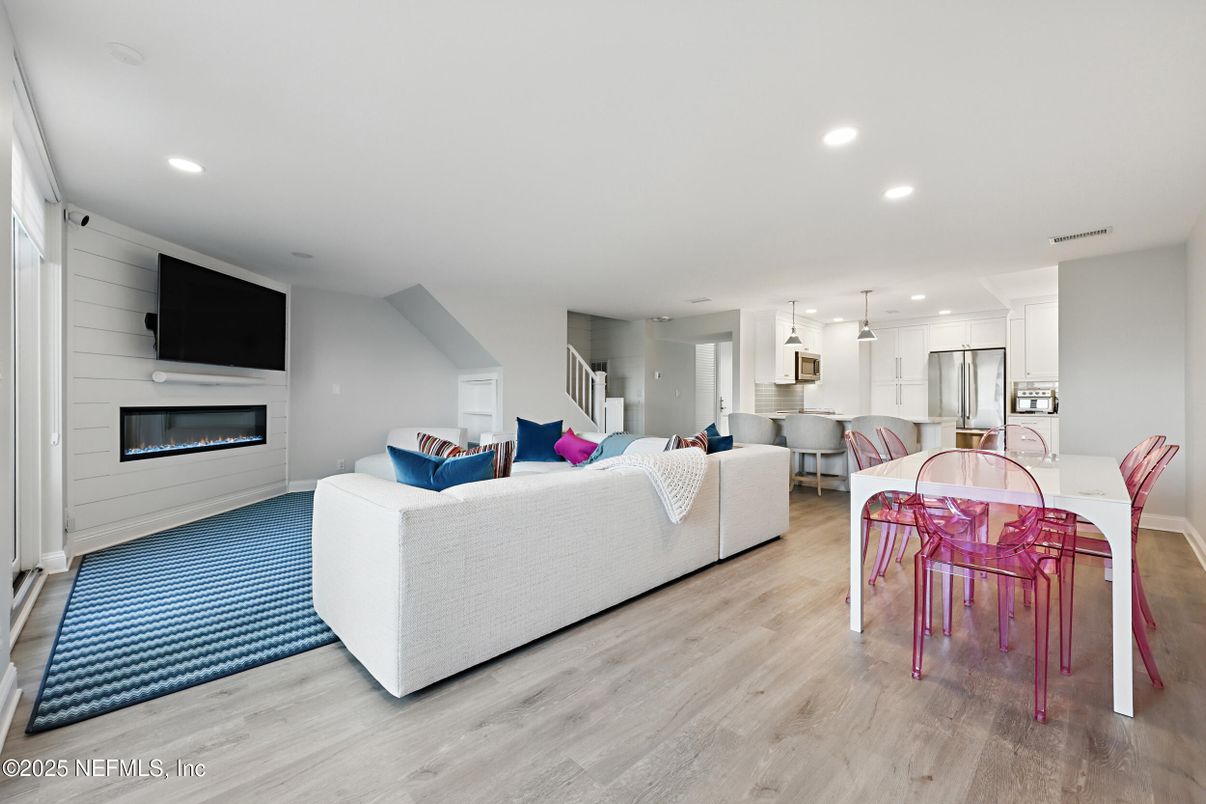 Dining room, Fireplace, Interior, Kitchen, Living room, Pendant Lights, Recessed Lighting, Wood Texture Flooring