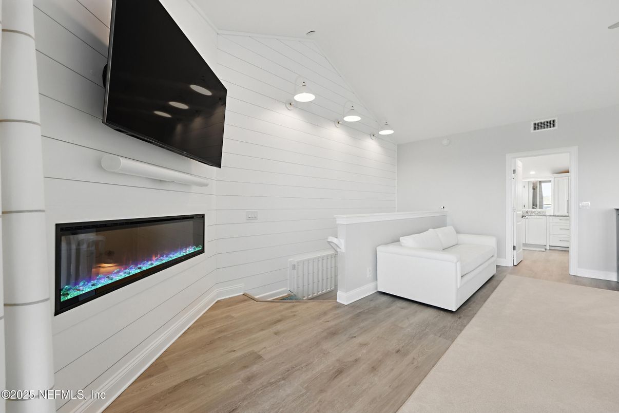 Fireplace, Interior, Pendant Lights, Recessed Lighting, Wood Texture Flooring
