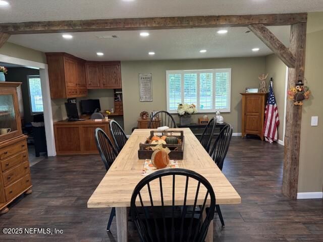 Dining room, Interior, Kitchen, Recessed Lighting, Wooden Beams, Wood Texture Flooring