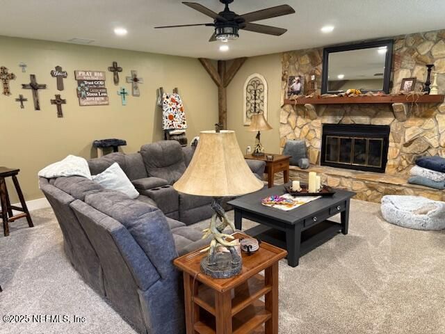 Fireplace, Interior, Living room, Recessed Lighting, Stone Walls