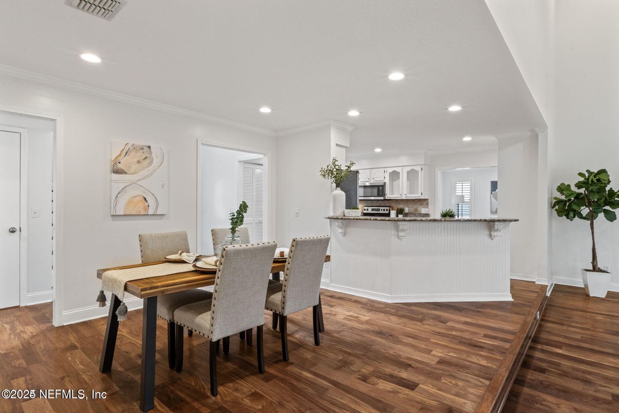 Dining room, Interior, Kitchen, Recessed Lighting, Stainless Steel Appliances, Wood Texture Flooring
