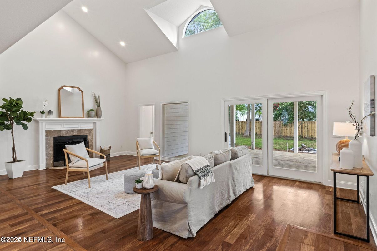 Fireplace, Interior, Living room, Recessed Lighting, Wood Texture Flooring