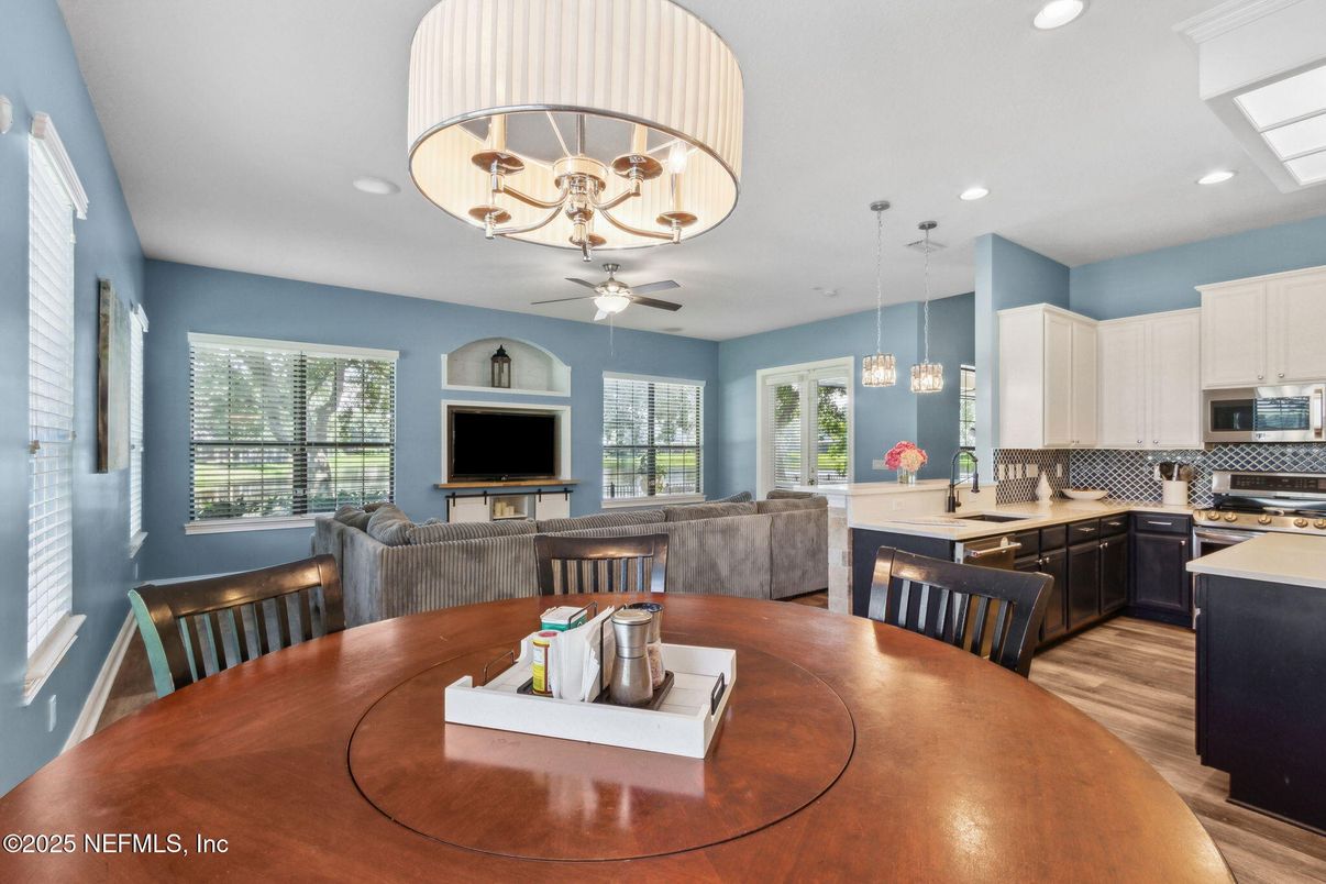 Dining room, Interior, Kitchen, Living room, Pendant Lights, Recessed Lighting, Wood Texture Flooring