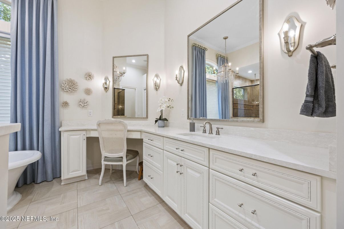 Bathroom, Chandelier, Dual Sink Vanities, Interior, Pendant Lights