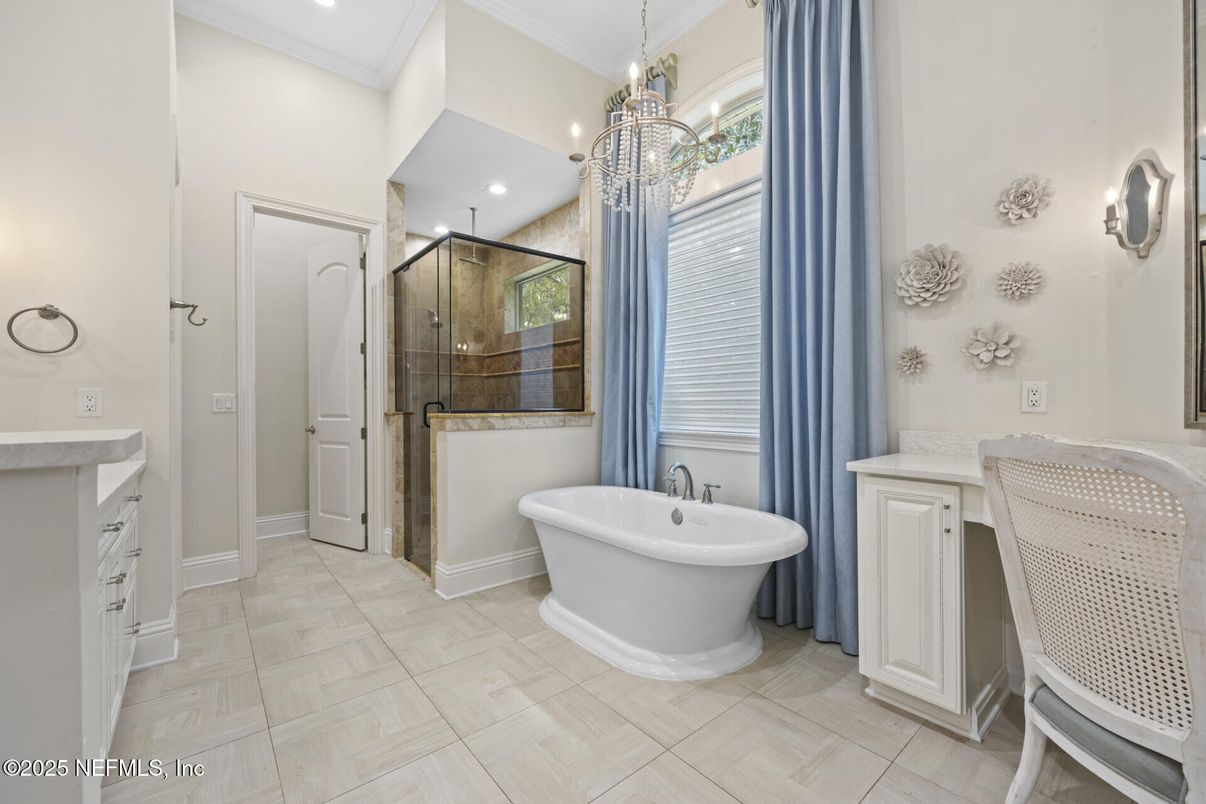 Bathroom, Free Standing Baths, Glass Shower, Interior, Recessed Lighting
