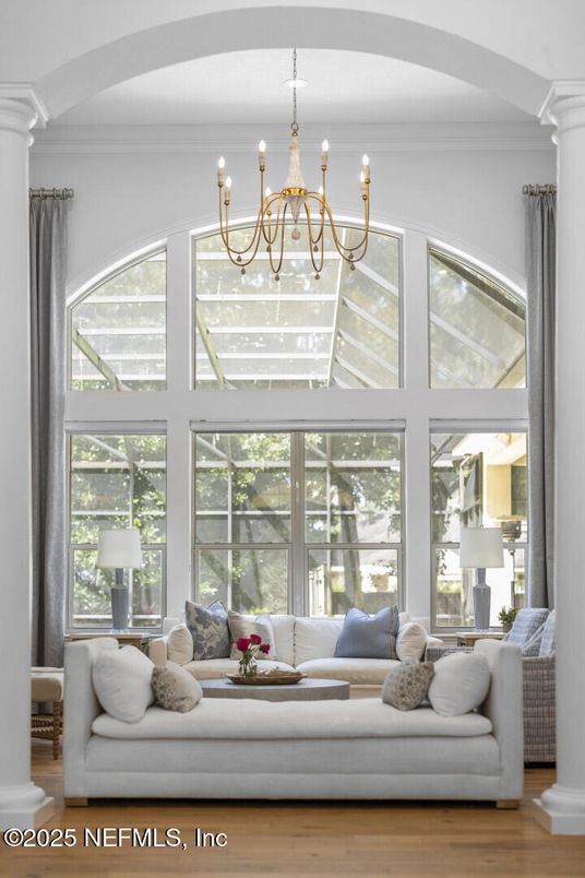 Chandelier, Interior, Living room, Sun Room, Wood Texture Flooring