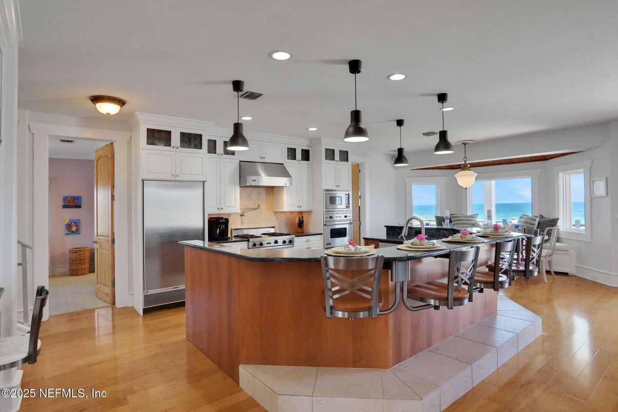 Interior, Kitchen, Pendant Lights, Recessed Lighting, Stainless Steel Appliances, Water, Wood Texture Flooring