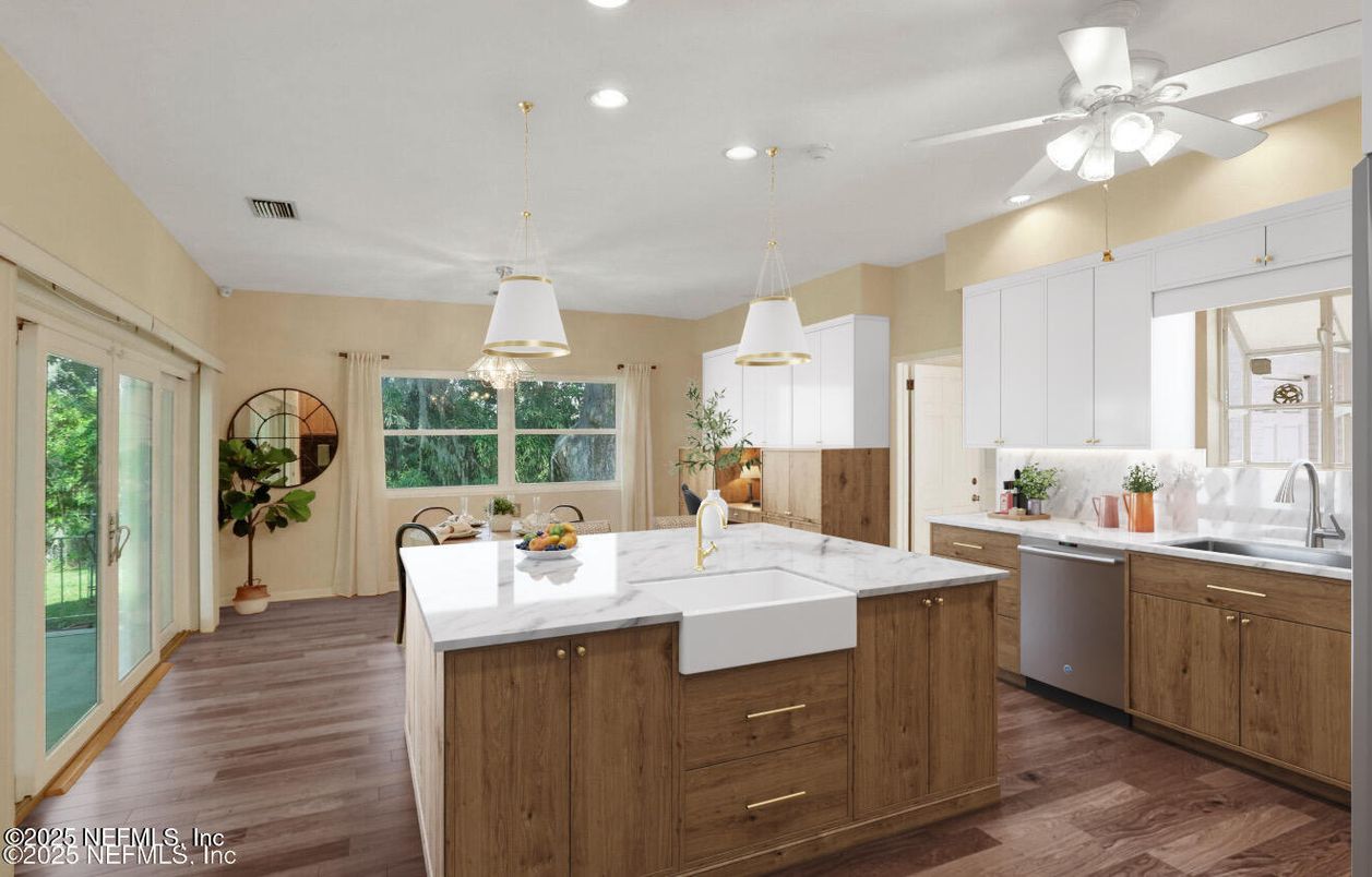 Interior, Kitchen, Pendant Lights, Recessed Lighting, Wood Texture Flooring