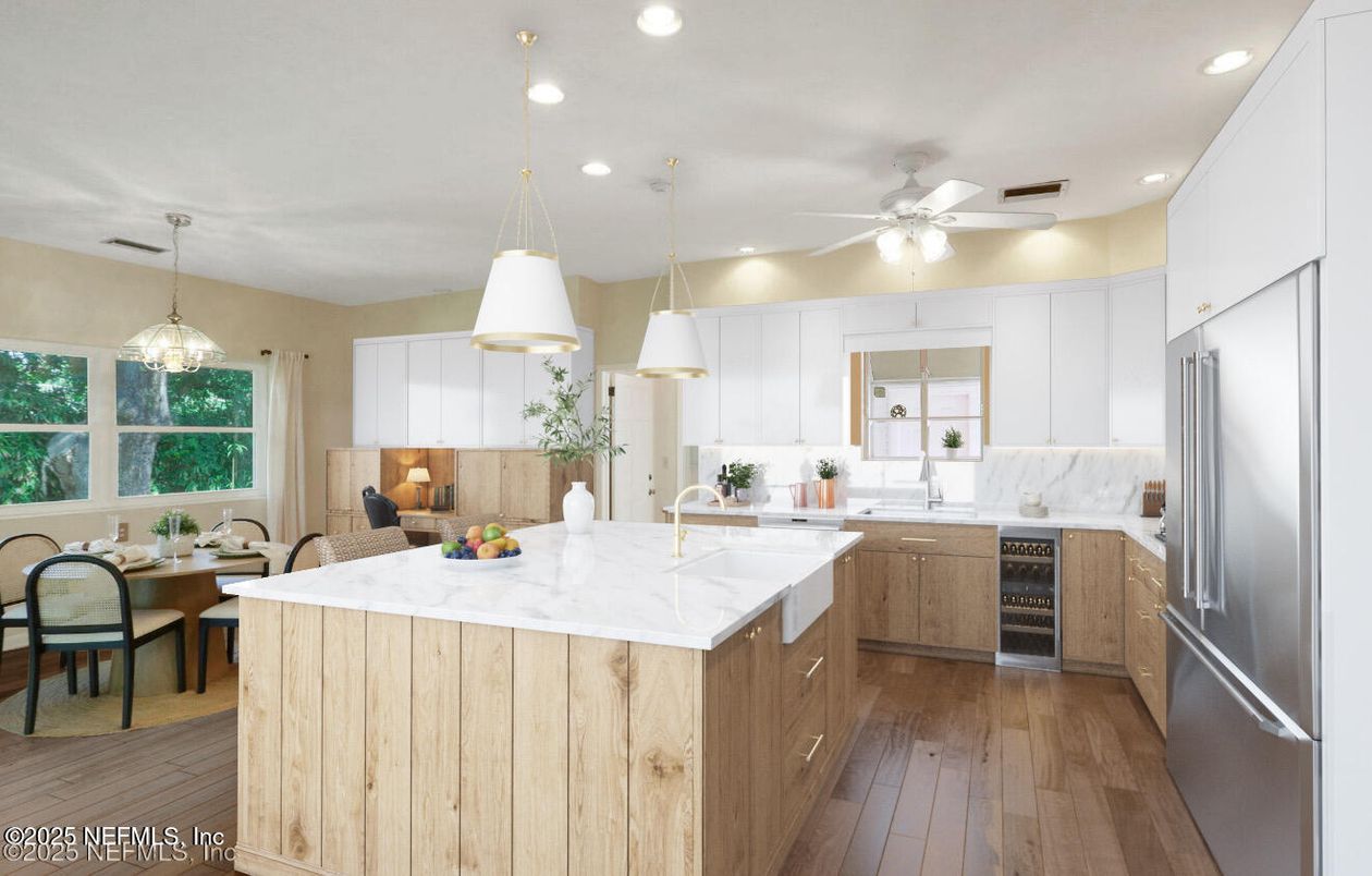 Dining room, Interior, Kitchen, Pendant Lights, Recessed Lighting, Stainless Steel Appliances, Wood Texture Flooring