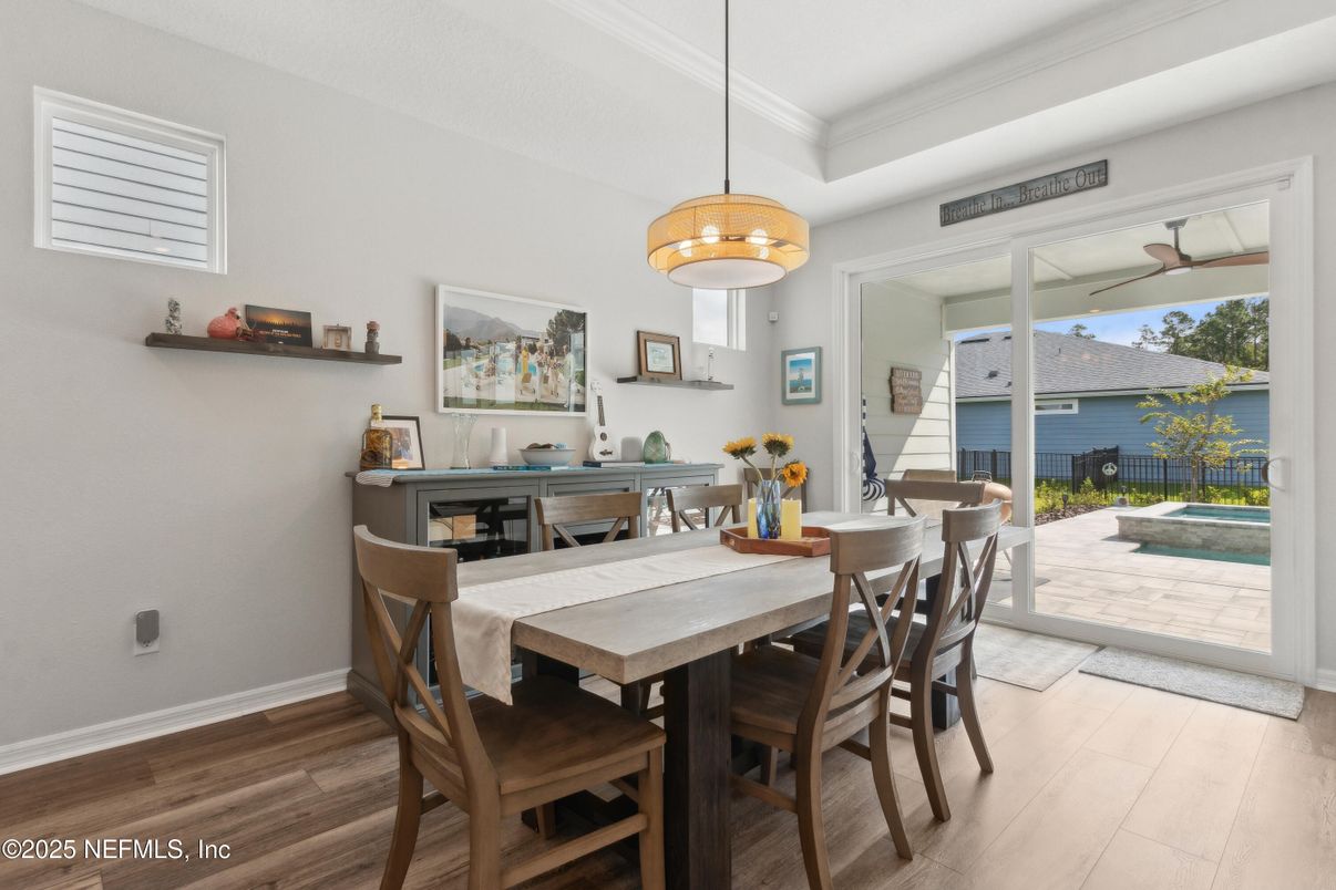 Dining room, Interior, Pendant Lights, Wood Texture Flooring