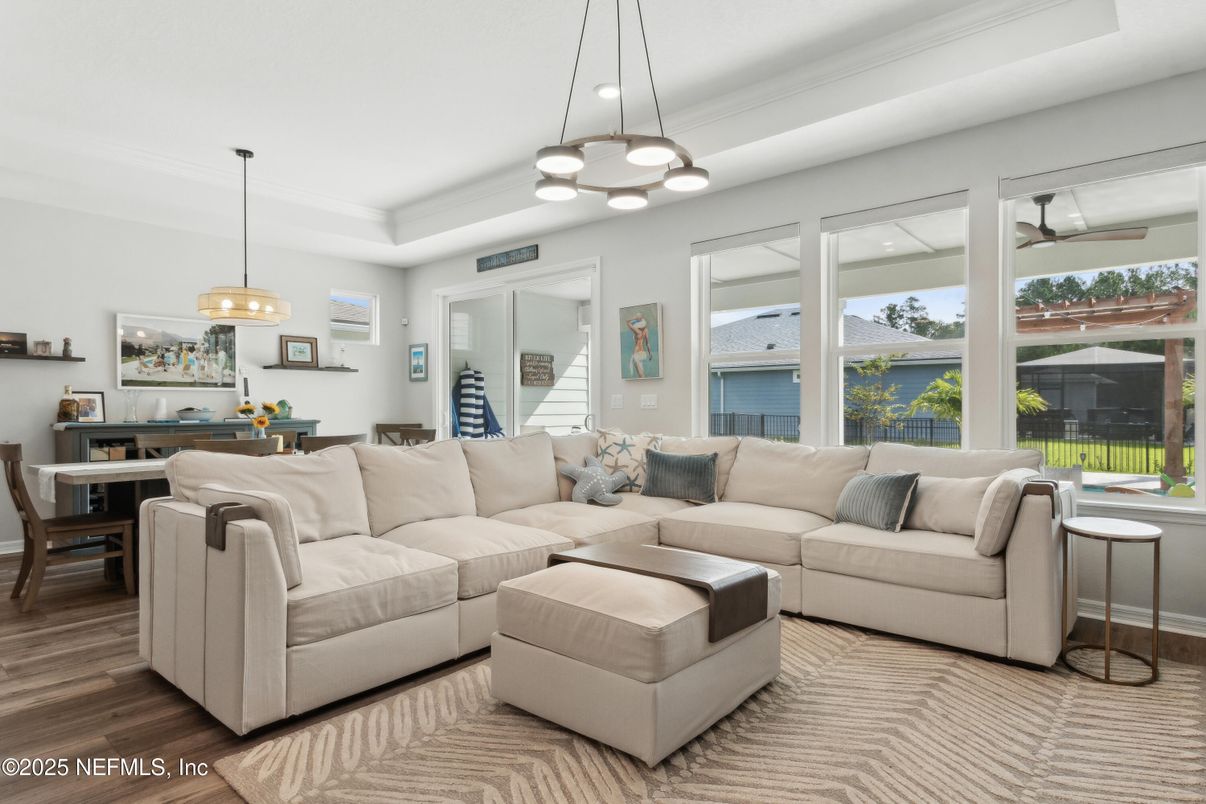 Dining room, Interior, Living room, Pendant Lights, Wood Texture Flooring