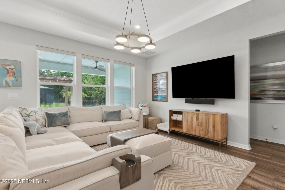 Interior, Living room, Pendant Lights, Wood Texture Flooring