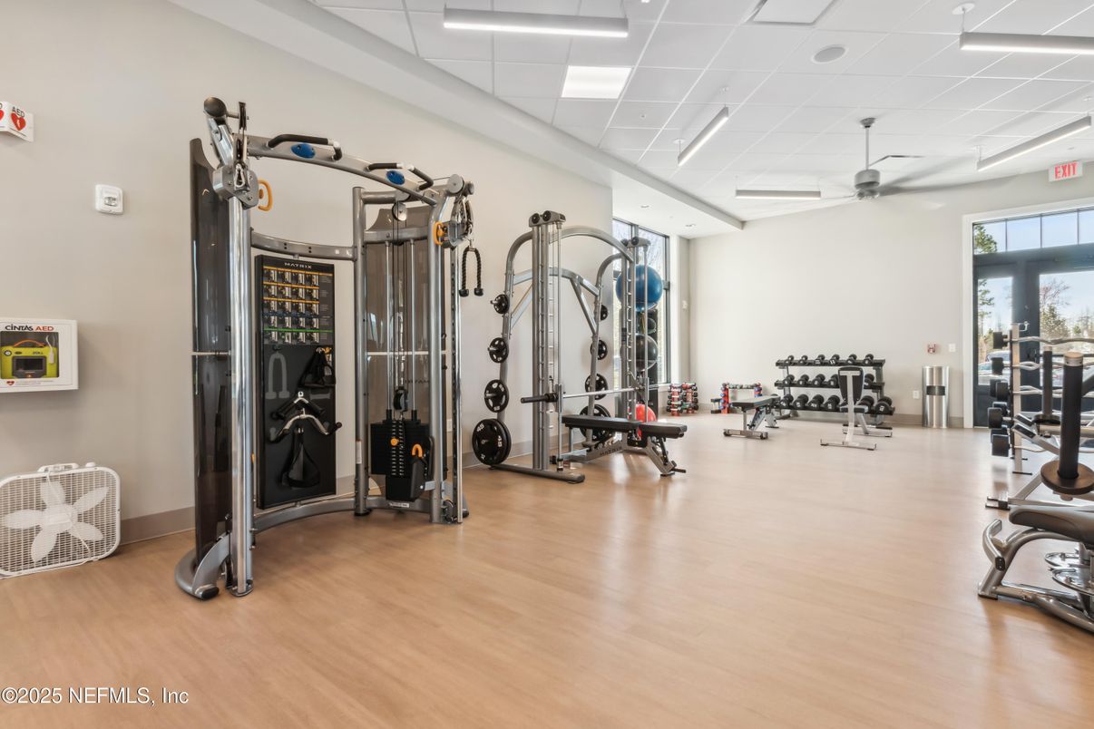 Fitness Equipment, Gym, Interior, Recessed Lighting, Wood Texture Flooring