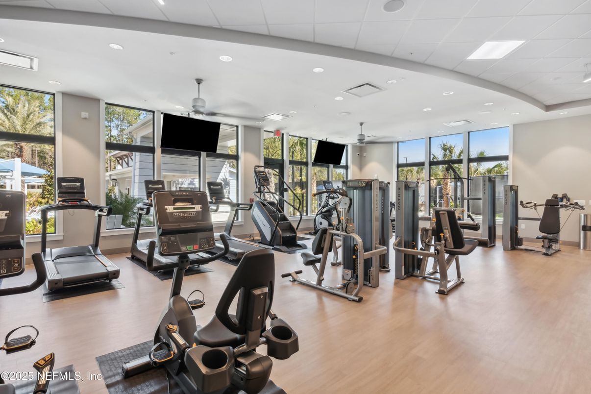 Fitness Equipment, Gym, Interior, Recessed Lighting, Wood Texture Flooring