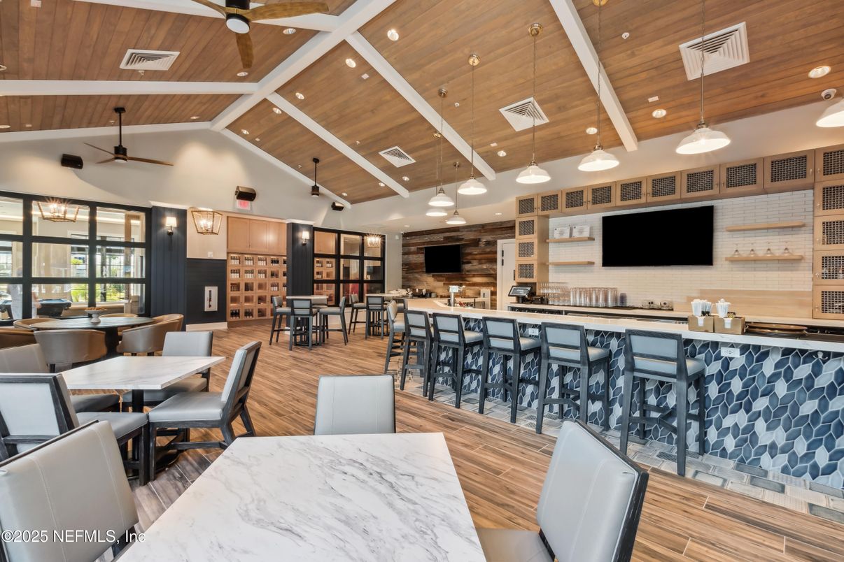 Dining room, Interior, Pendant Lights, Recessed Lighting, Wooden Ceilings, Wood Texture Flooring, Wooden Walls