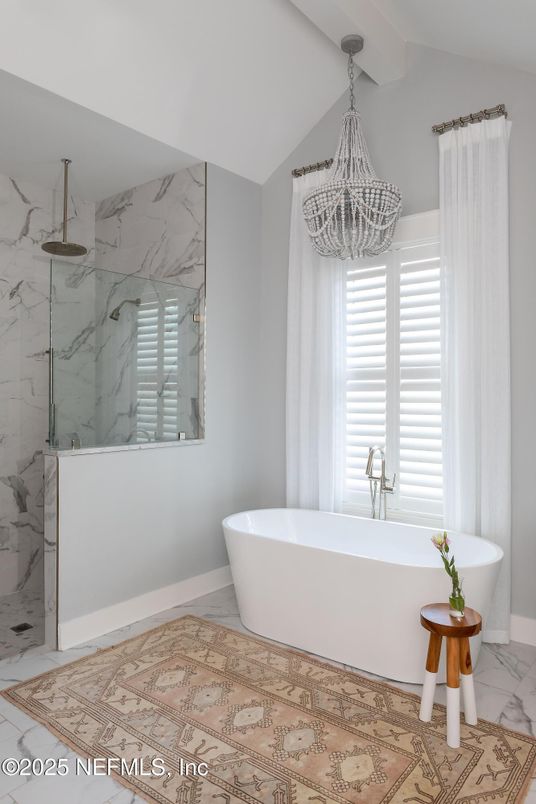 Bathroom, Chandelier, Free Standing Baths, Interior, Marble, Marble Walls