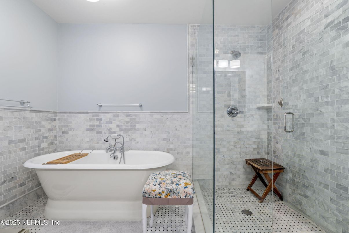 Bathroom, Free Standing Baths, Glass Shower, Interior, Stone Walls