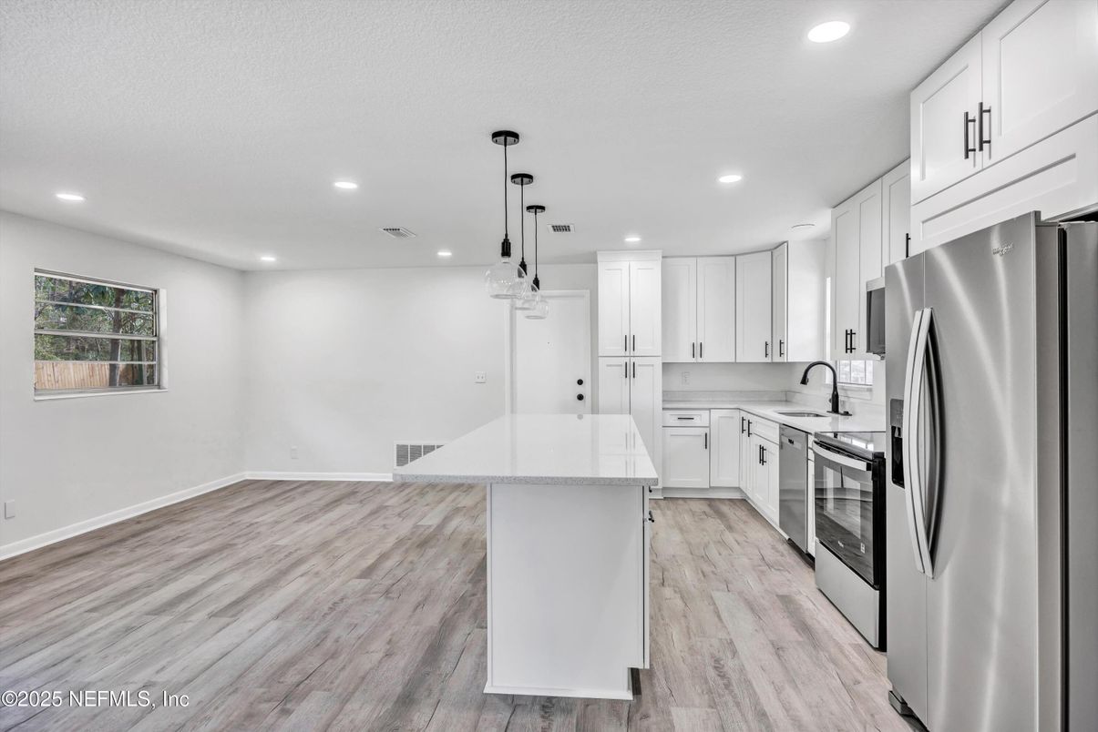 Interior, Kitchen, Pendant Lights, Recessed Lighting, Stainless Steel Appliances, Wood Texture Flooring