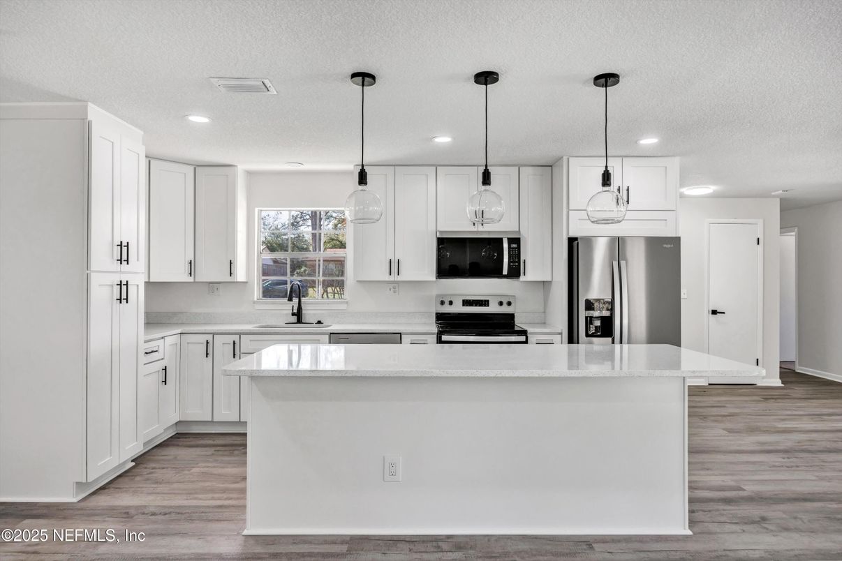Interior, Kitchen, Pendant Lights, Recessed Lighting, Stainless Steel Appliances, Wood Texture Flooring