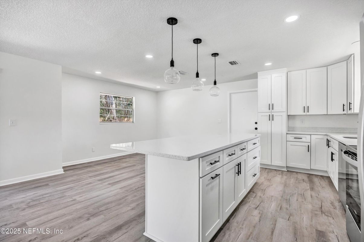 Interior, Kitchen, Pendant Lights, Recessed Lighting, Wood Texture Flooring