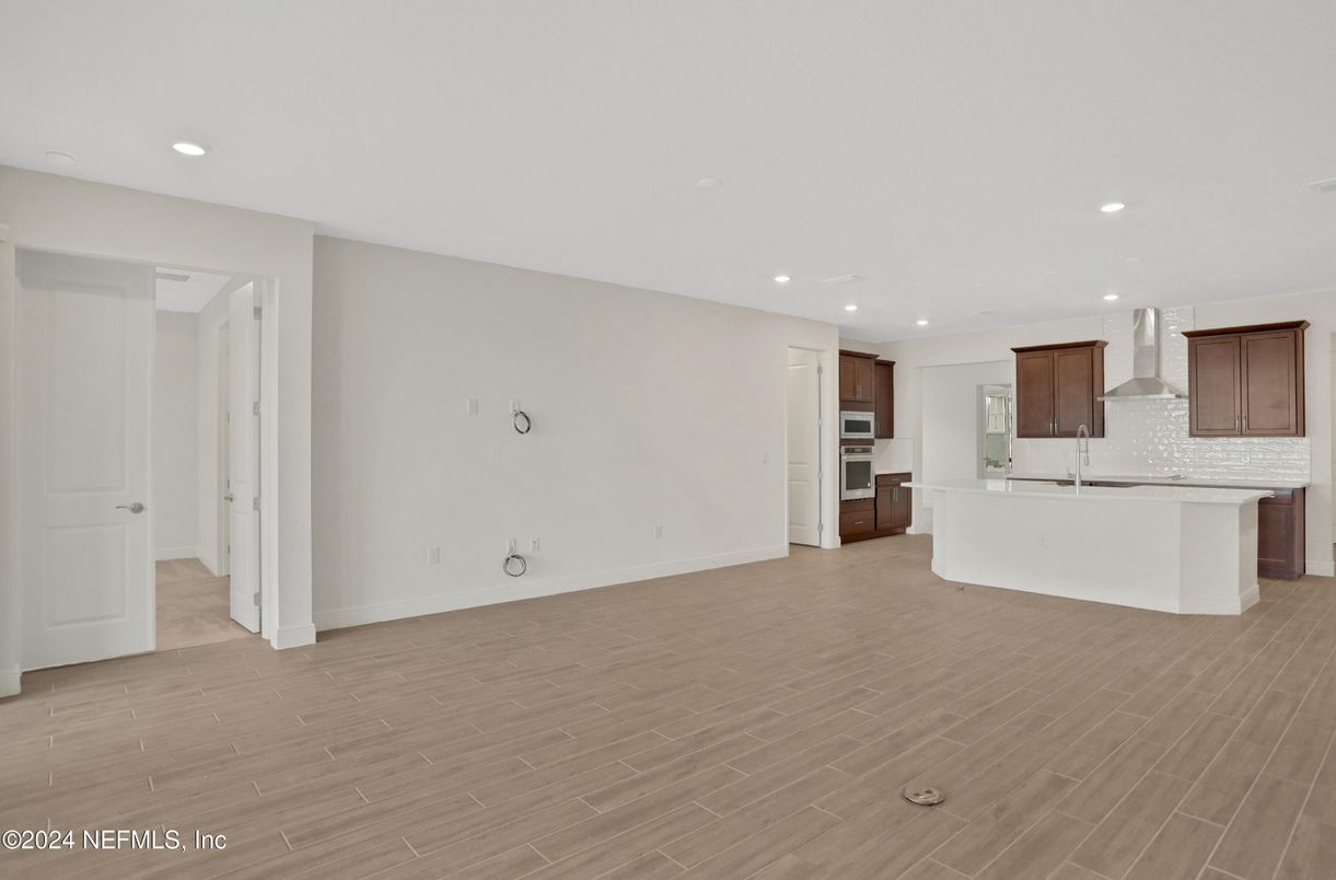 Empty room, Interior, Kitchen, Recessed Lighting, Wood Texture Flooring