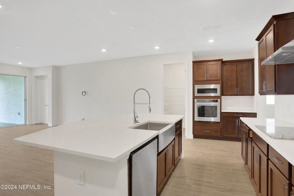 Interior, Kitchen, Recessed Lighting, Stainless Steel Appliances, Wood Texture Flooring