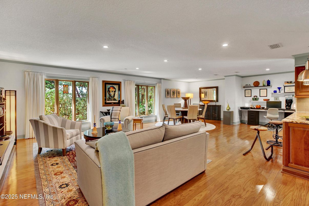 Dining room, Interior, Kitchen, Living room, Recessed Lighting, Wood Texture Flooring