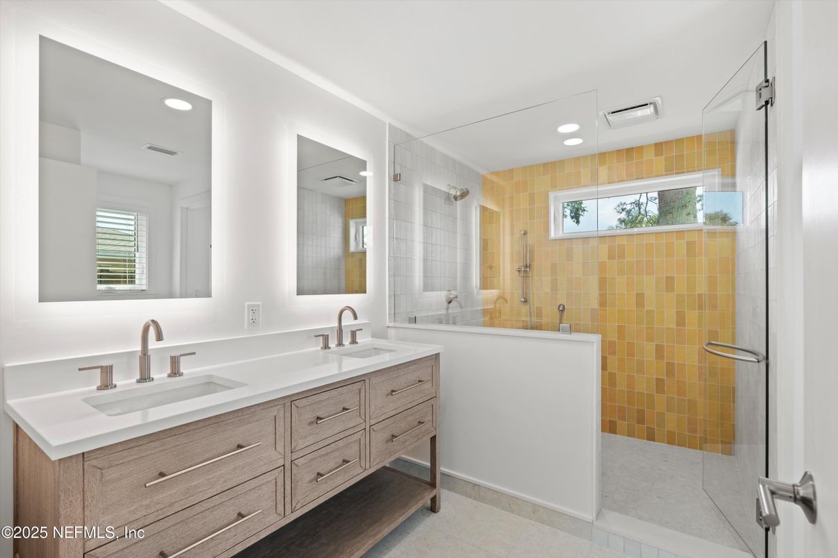Bathroom, Dual Sink Vanities, Glass Shower, Interior, Recessed Lighting