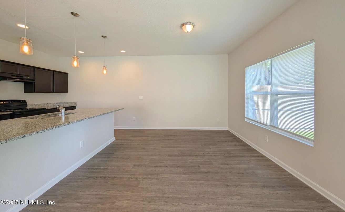 Empty room, Interior, Kitchen, Pendant Lights, Recessed Lighting, Wood Texture Flooring
