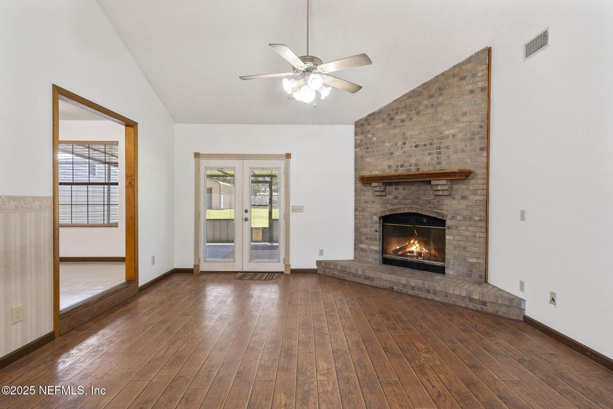 Empty room, Fireplace, Interior, Stone Walls, Wood Texture Flooring