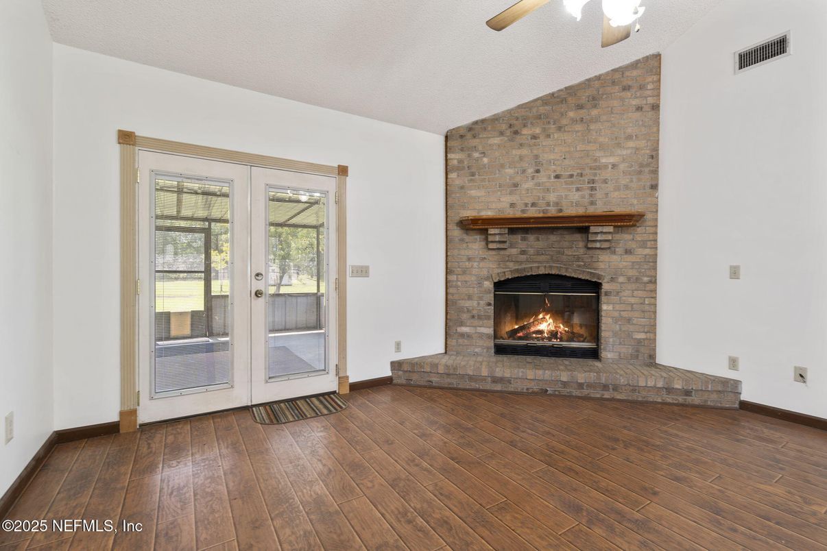 Empty room, Fireplace, Interior, Stone Walls, Wood Texture Flooring