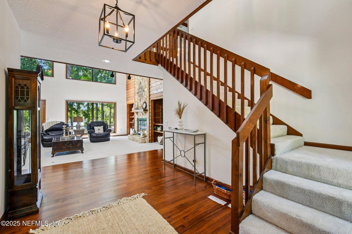 Fireplace, Interior, Living room, Pendant Lights, Wood Texture Flooring