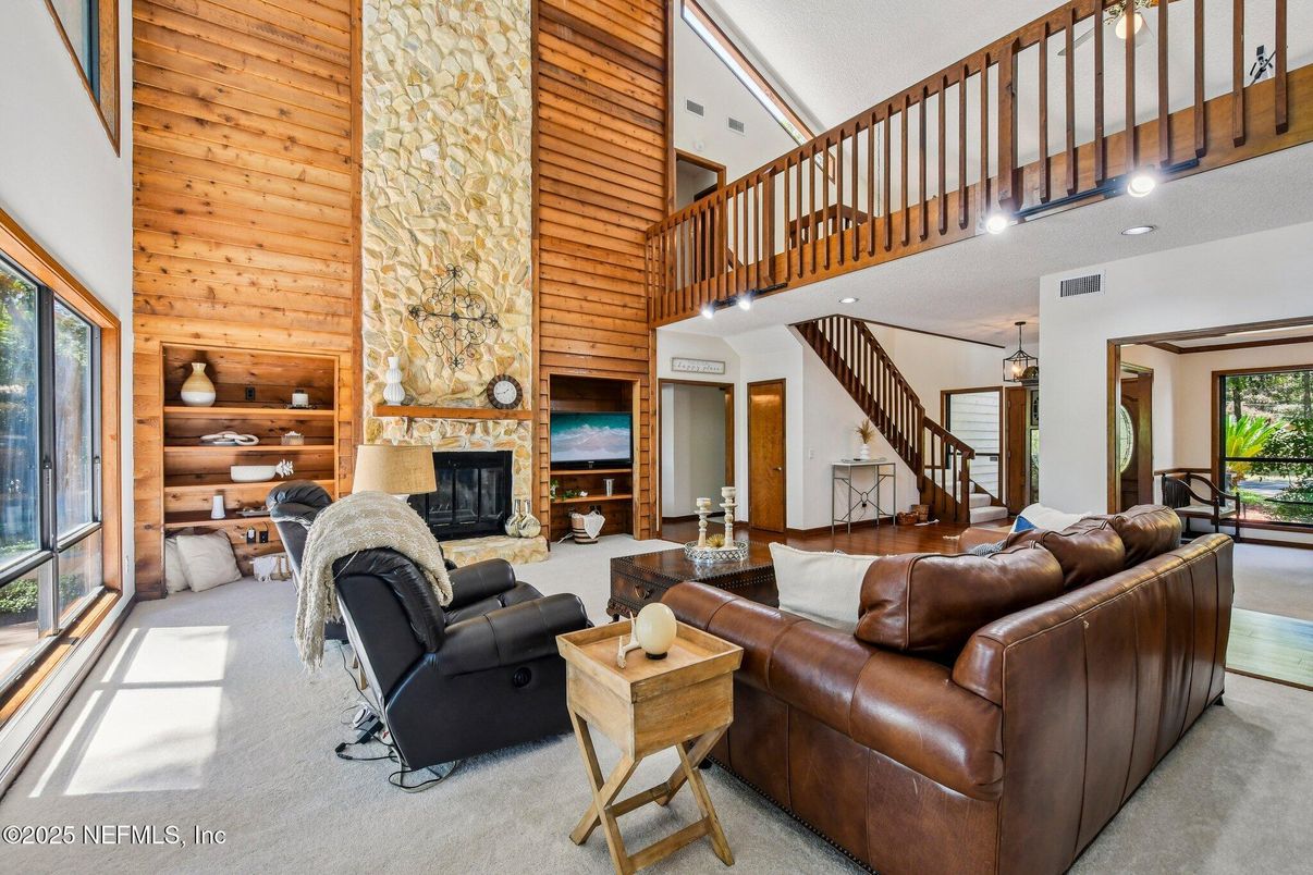 Fireplace, Interior, Living room, Recessed Lighting, Stone Walls, Wooden Ceilings, Wooden Walls