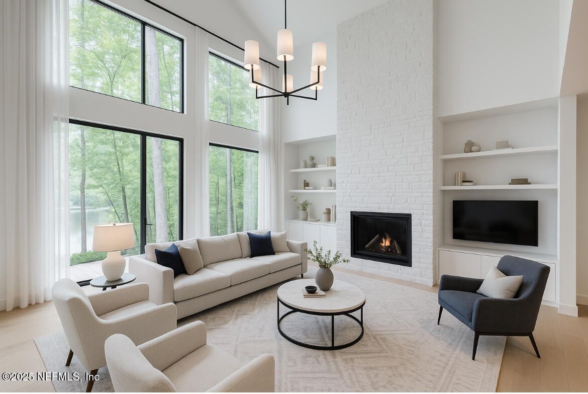Chandelier, Fireplace, Interior, Living room, Stone Walls, Wood Texture Flooring