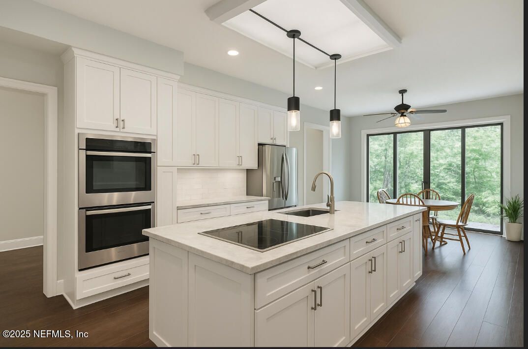 Dining room, Interior, Kitchen, Pendant Lights, Recessed Lighting, Stainless Steel Appliances, Wood Texture Flooring