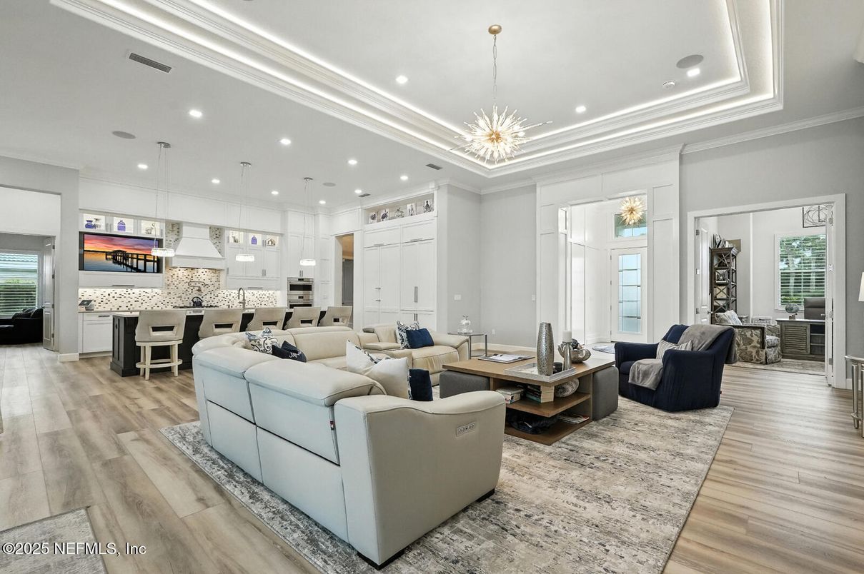 Interior, Kitchen, Living room, Pendant Lights, Recessed Lighting, Wood Texture Flooring