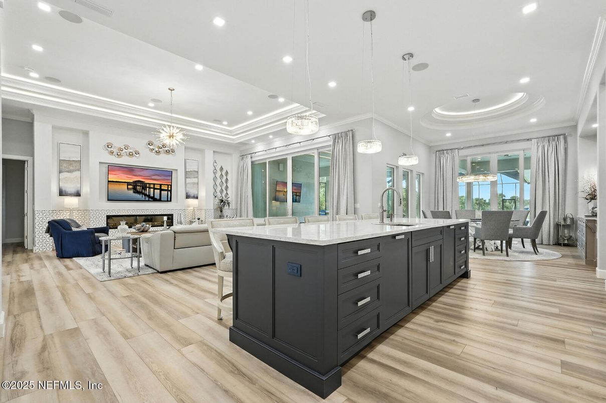 Dining room, Interior, Kitchen, Living room, Pendant Lights, Recessed Lighting, Wood Texture Flooring