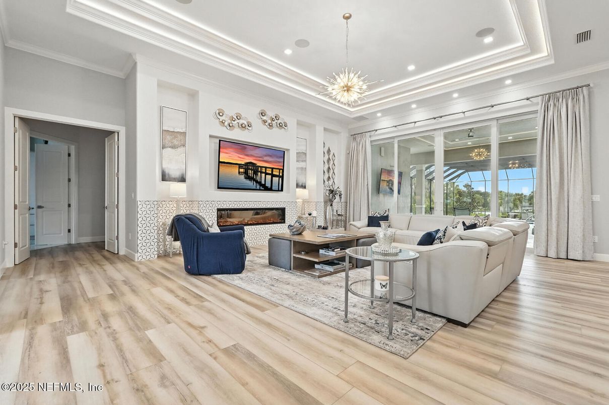 Fireplace, Interior, Living room, Pendant Lights, Recessed Lighting, Wood Texture Flooring