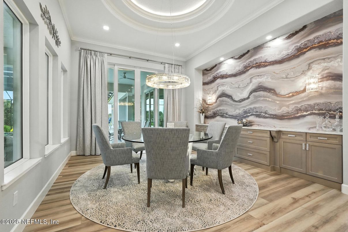 Dining room, Interior, Pendant Lights, Recessed Lighting, Wood Texture Flooring