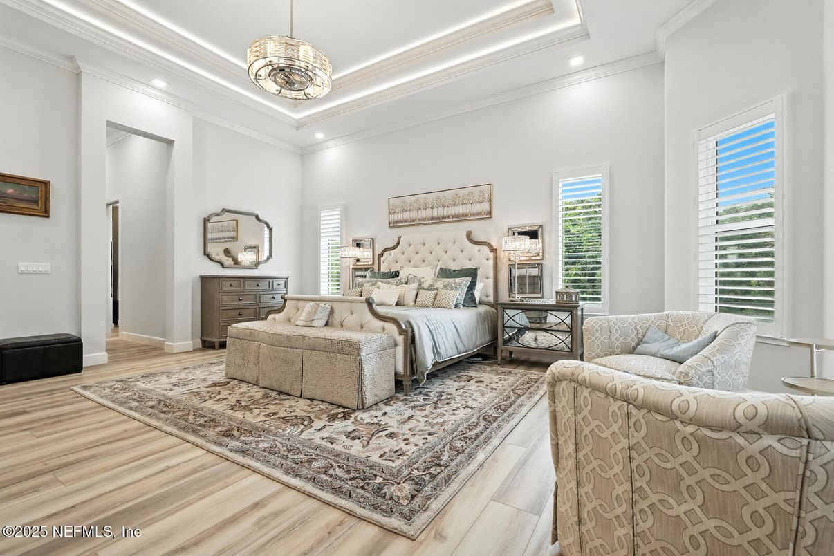 Bedroom, Interior, Pendant Lights, Recessed Lighting, Wood Texture Flooring
